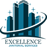 Logo for Excellence Janitorial Services featuring stylized blue skyscrapers with sparkling stars above and a sweeping curved line below. Text below reads “Excellence Janitorial Services.”.