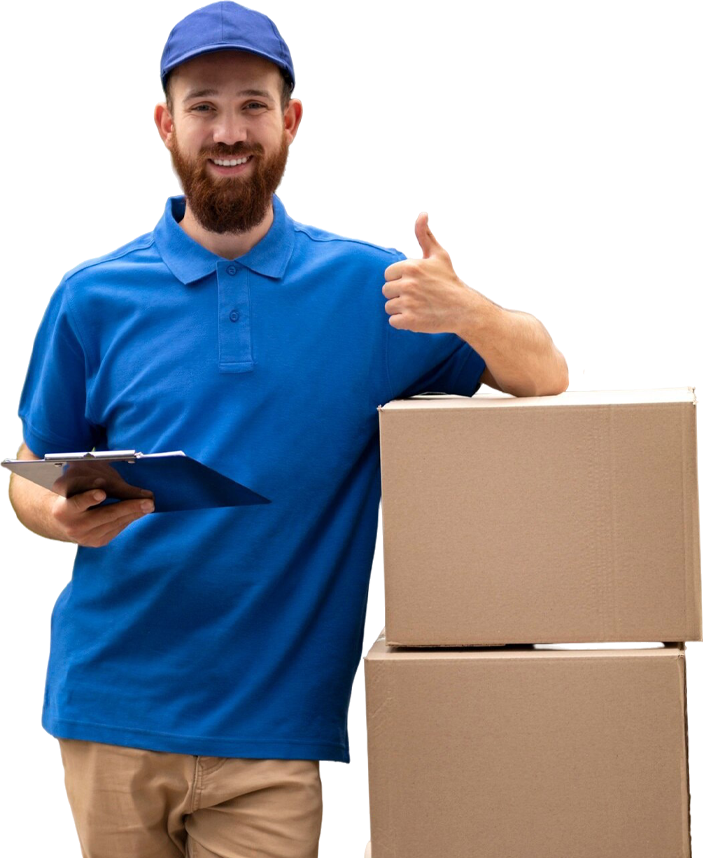 A delivery person in a blue uniform and cap stands next to two stacked cardboard boxes, holding a clipboard and giving a thumbs up.