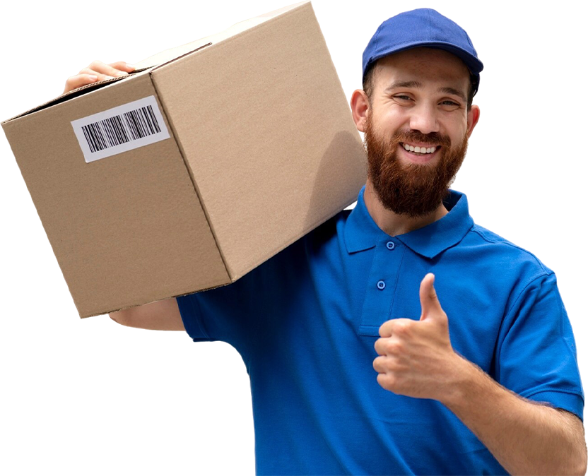 A delivery person in a blue uniform and cap holds a cardboard box on their shoulder and gives a thumbs-up gesture.