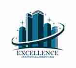 Logo for Excellence Janitorial Services featuring stylized blue buildings with sparkling stars and a swoosh, accompanied by the company name below.
