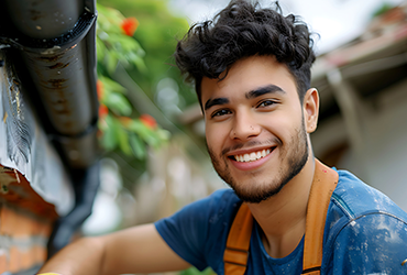 Young man with curly dark hair and a beard, wearing a blue shirt and brown suspenders, smiles outdoors near a wall with plants and flowers in the background.