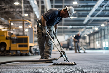 Worker in protective gear operates a carpet cleaning machine on a large indoor floor; another worker is visible in the background of the industrial facility.