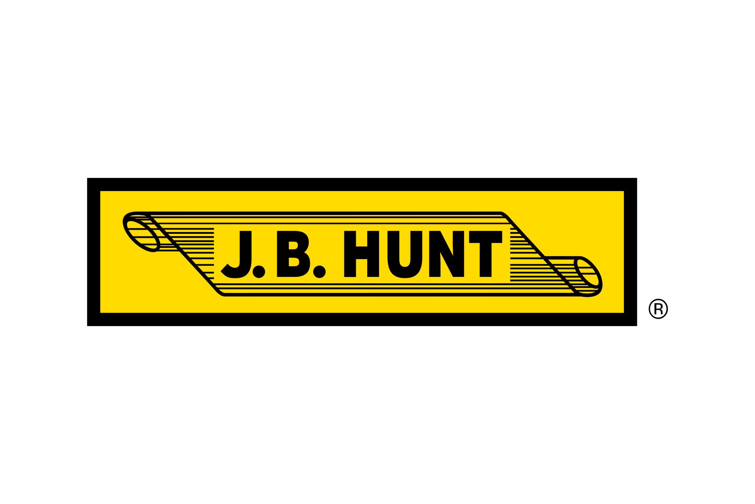 J.B. Hunt logo with black text on a yellow rectangular background, bordered in black with diagonal lines on the left side.