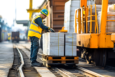 A worker in a safety vest and helmet moves a pallet of goods near a train on an industrial railway platform.