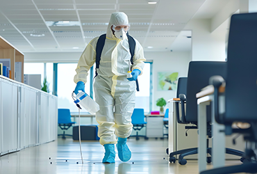A person in full protective gear disinfects an office space, carrying a spray bottle and cleaning equipment.
