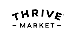 Black and white logo displaying the words "Thrive Market" with stylized, angled text and horizontal lines on either side of "Market.