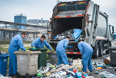 Four workers in blue coveralls sort through trash spilled on the ground next to a garbage truck and bins in an industrial area.