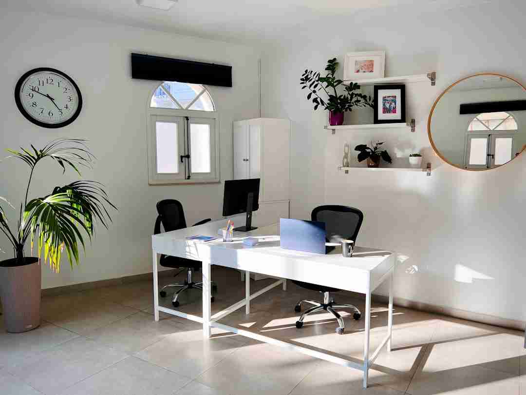 A bright home office with two white desks, black chairs, computers, a large wall clock, potted plants, a round mirror, and shelves with framed photos and decor, set against white walls and windows.