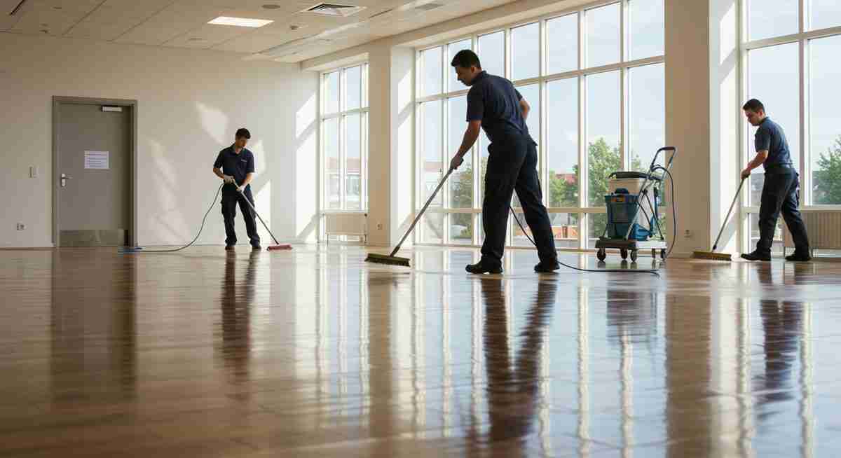 Three people in uniform clean a large, empty room with polished wooden floors using mops and cleaning equipment. There are large windows letting in natural light and cleaning carts visible in the background.