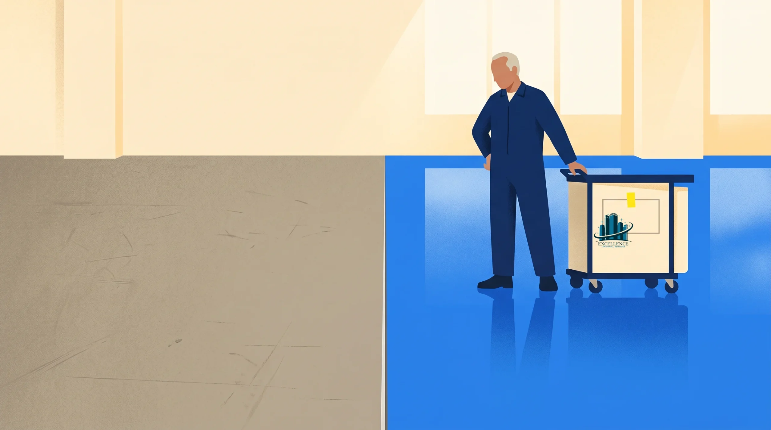 A person in a blue uniform stands next to a cleaning cart on a shiny blue floor, with a dull, scratched floor area beside it. The cart has a logo and cleaning supplies on top.