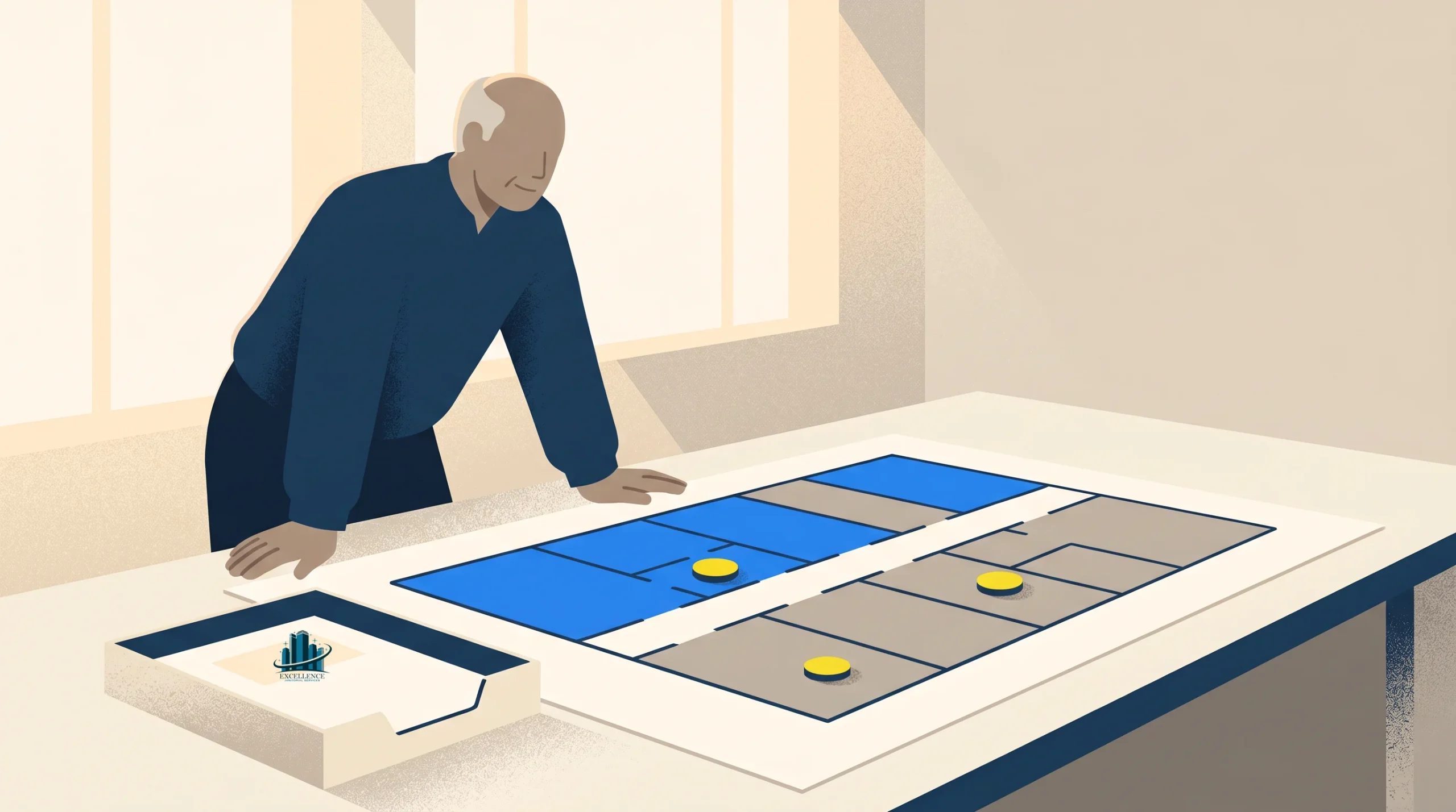 An older man stands at a table, looking at a large floor plan with blue and gray sections. Three yellow tokens are placed on the plan, and a box labeled with a building logo sits nearby.