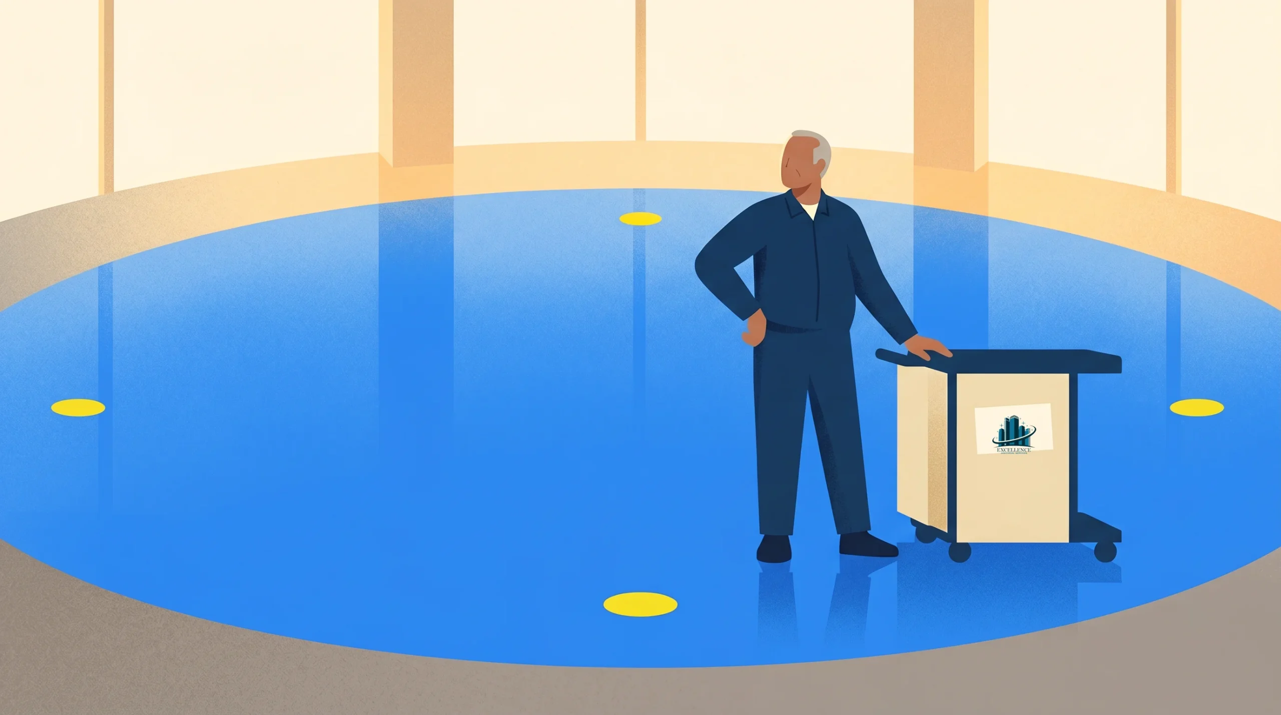 An illustration of a person in blue work clothes standing beside a cleaning cart in the middle of a large, shiny blue floor with three yellow circles. The background features tall windows and columns.