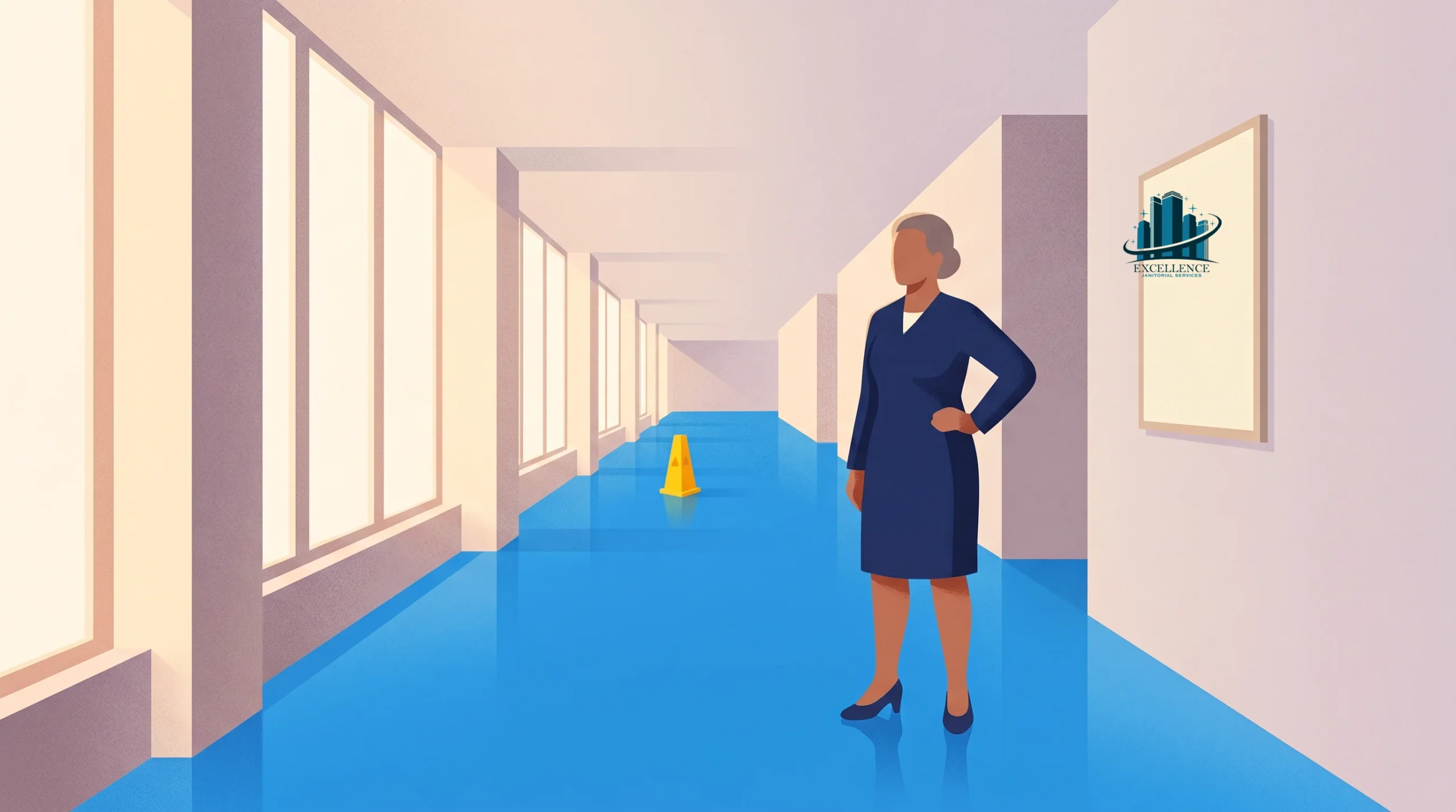 A woman in business attire stands in a hallway with a blue floor, a caution cone in the distance, and large windows along one wall. The "Excellence" logo is visible on the right wall.