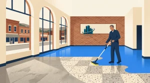 A person in work attire uses a mop to clean the tiled floor of a spacious, modern room with large windows and brick walls. A company logo is displayed on the interior wall.