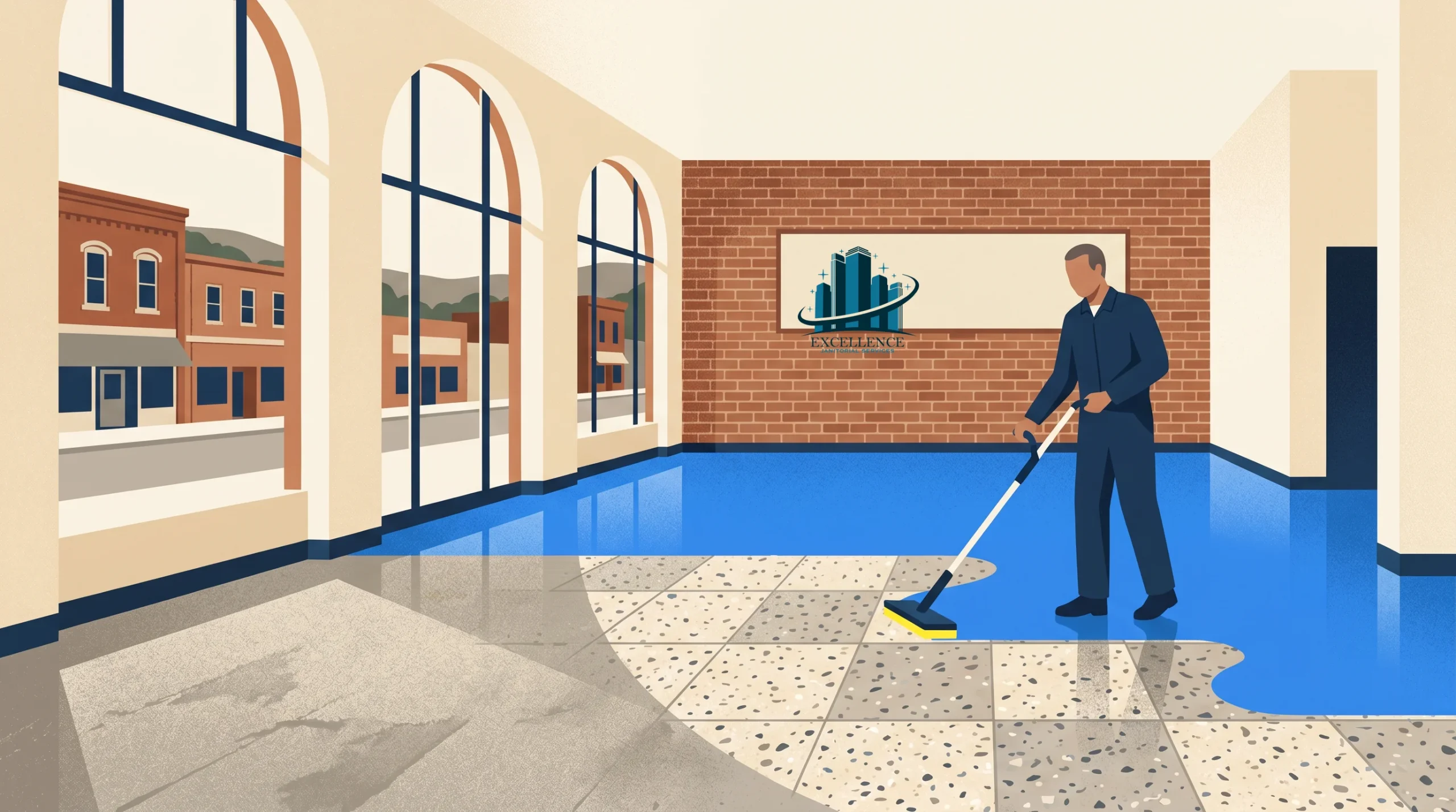 A person in work attire uses a mop to clean the tiled floor of a spacious, modern room with large windows and brick walls. A company logo is displayed on the interior wall.