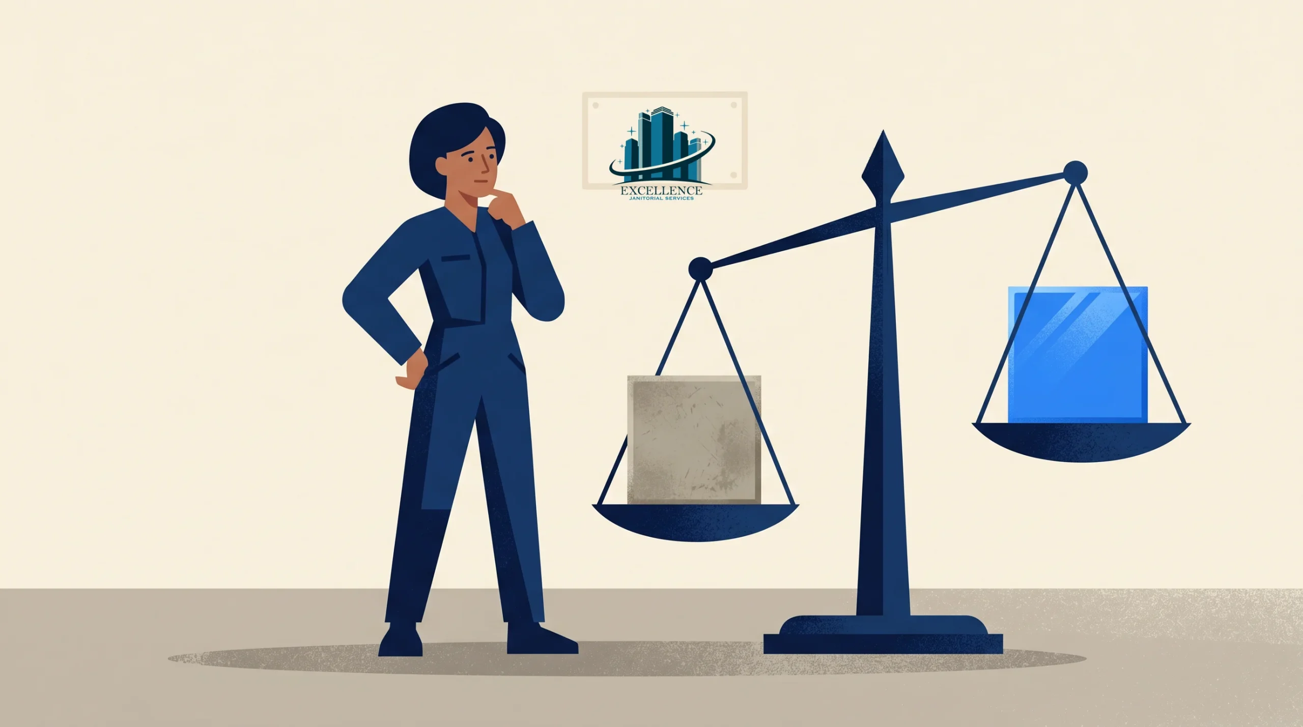 An illustrated person stands beside a large balance scale. One side holds a gray block while the other holds a blue block and appears heavier. A framed "Excellence" certificate hangs on the wall in the background.
