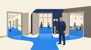 Illustration of a building interior with open doors leading to different rooms. A man stands near the center. People are walking or sitting in the various rooms, and one person in a white coat stands in a hallway.