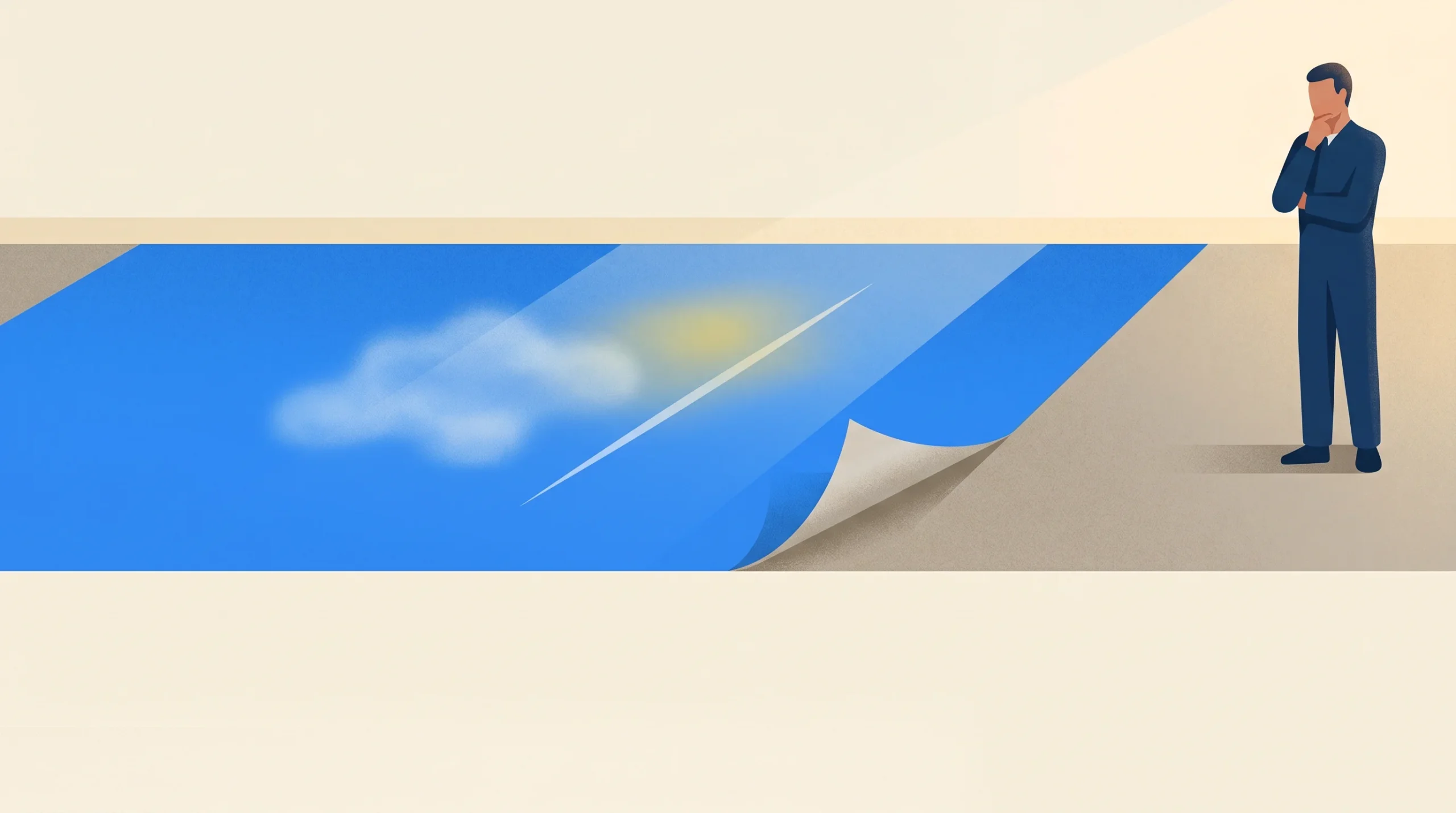 A person stands thoughtfully beside a large blue sheet partially peeled back, revealing a cloud and sun image on its surface. The background is simple and minimalist.