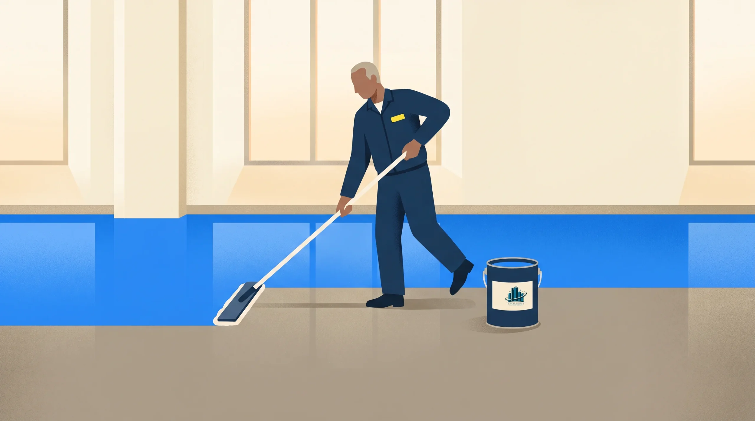 A person in a blue uniform uses a mop to clean or apply a substance to a floor. A bucket with a blue and white label is placed nearby. The setting appears to be indoors with large windows in the background.