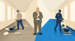An illustration of a man in a suit standing in the center of a room, with one side dirty and someone cleaning, and the other side clean and another person using a floor cleaning machine.