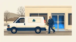 A maintenance worker holding a toolbox walks toward a building entrance, with a white service van parked nearby on the street. The building has large glass doors and leafless trees are visible in the background.
