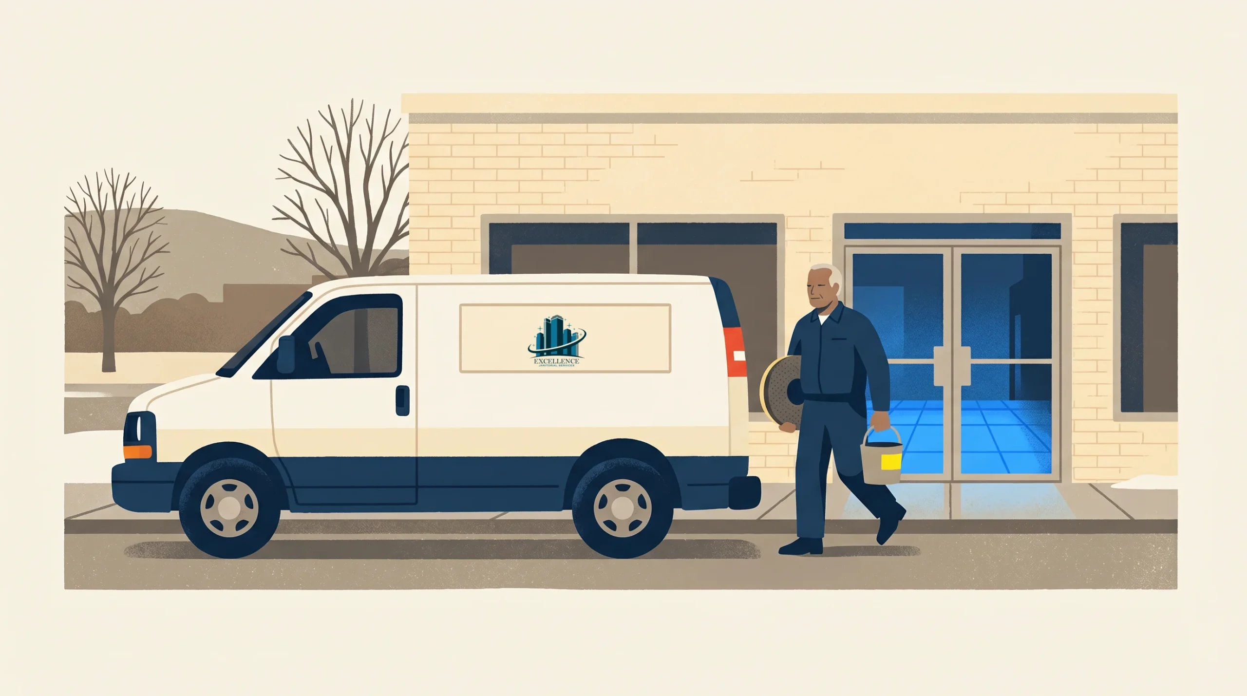 A maintenance worker holding a toolbox walks toward a building entrance, with a white service van parked nearby on the street. The building has large glass doors and leafless trees are visible in the background.