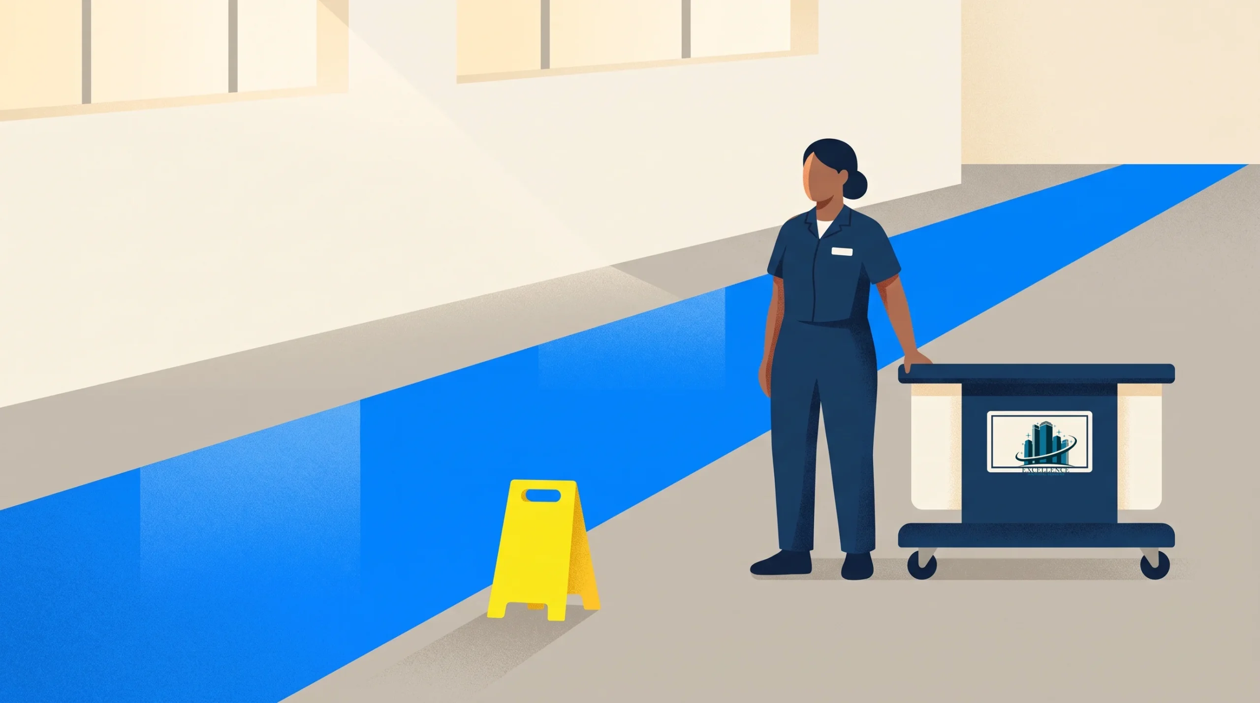A person in uniform stands next to a cleaning cart and a yellow caution sign on a hallway with a blue floor, near large windows.