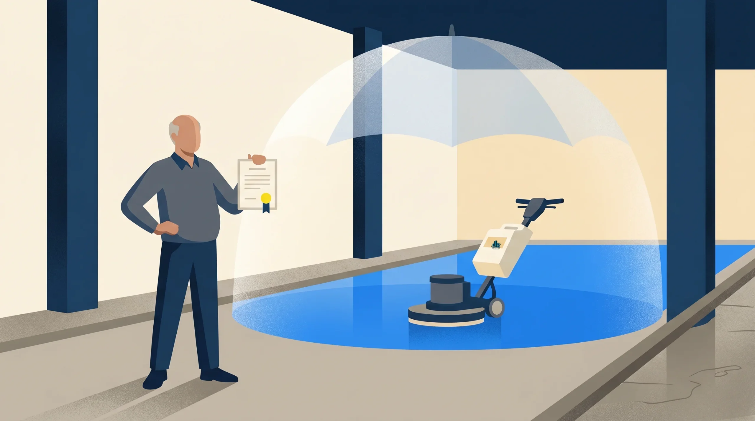 An illustrated man holding up a document stands near a floor cleaning machine by a pool of water. The machine is protected by a transparent umbrella-shaped shield. The scene is indoors with plain walls.