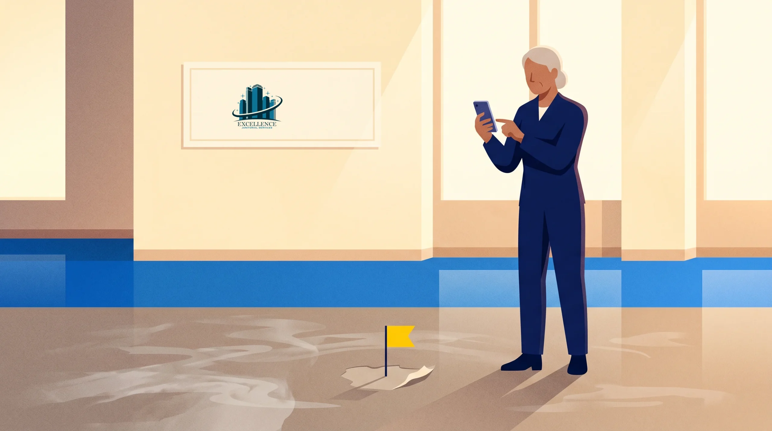 A person in business attire uses a smartphone to photograph a small yellow flag marking a crack on an indoor floor. The room has large windows and a framed logo on the wall.
