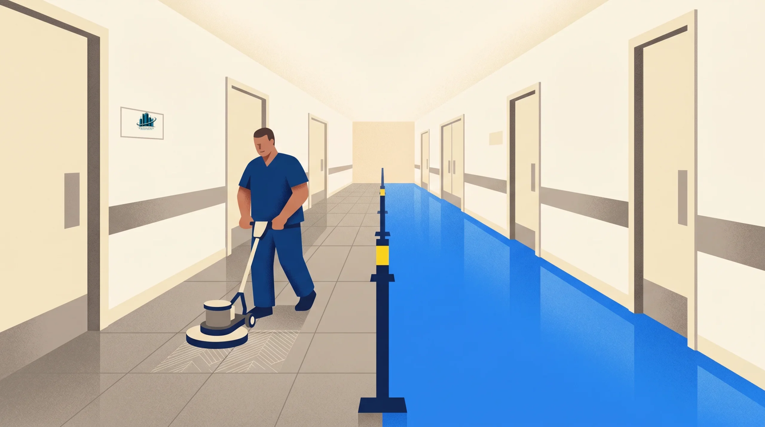 A person in blue scrubs uses a floor cleaning machine on one side of a hallway while the other side is blocked off with barriers and covered with a blue material. The hallway has doors on both sides and bright lighting.