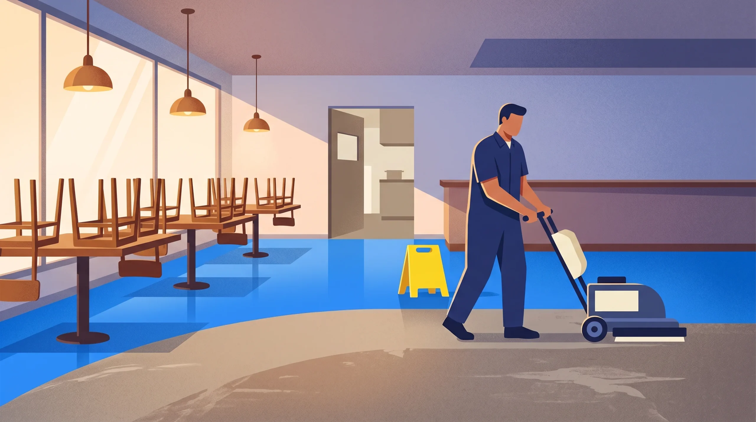 A person in uniform operates a floor cleaning machine in an empty restaurant with chairs stacked on tables; a yellow caution sign is placed near an open doorway.