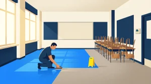 A person kneels while cleaning or waxing the blue floor of a classroom. Chairs are stacked on desks to the right, and a yellow caution sign is placed on the floor. The room is well-lit with large windows.