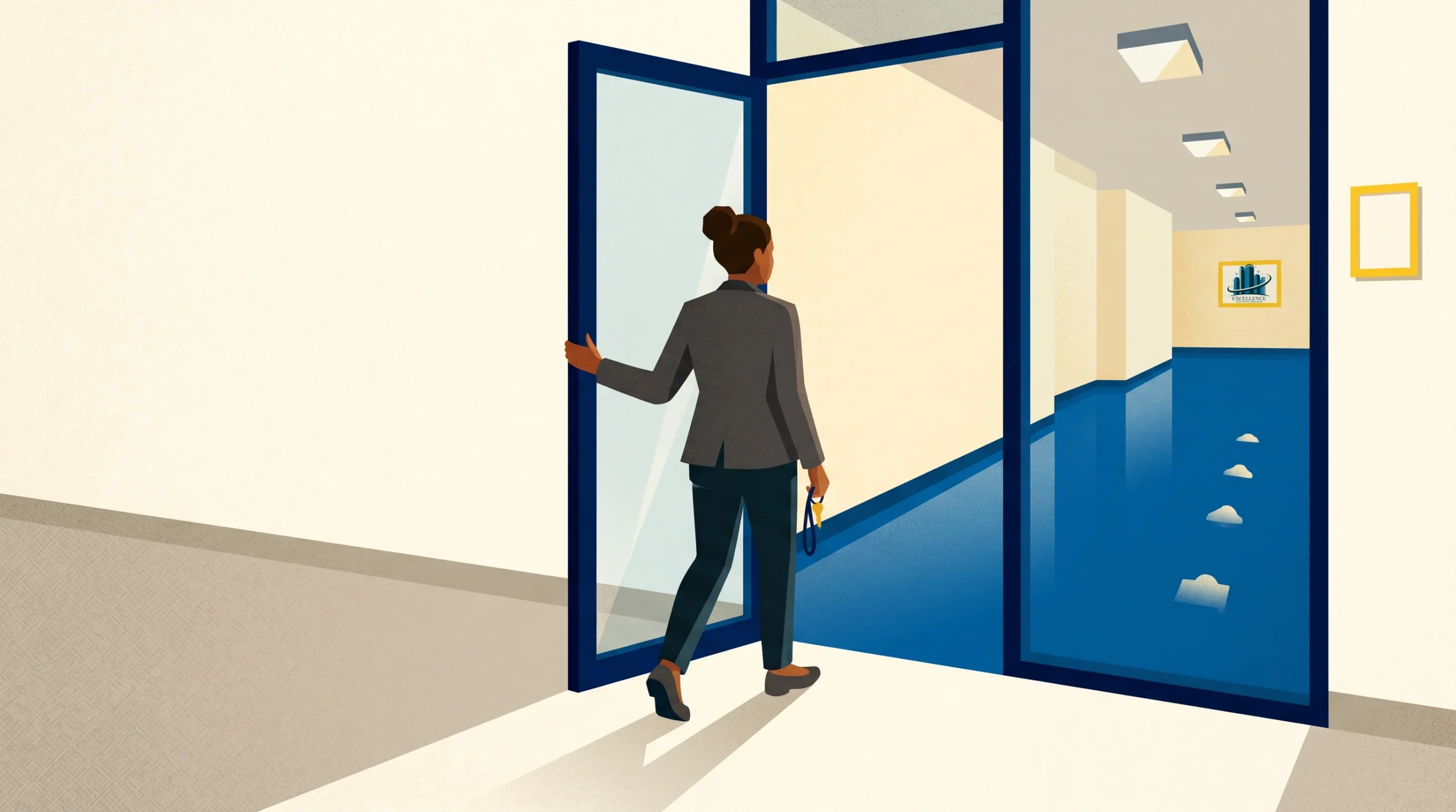 A person wearing a blazer and pants is walking through a glass door into a brightly lit hallway with blue floors. The hallway has a framed picture on the wall at the far end.
