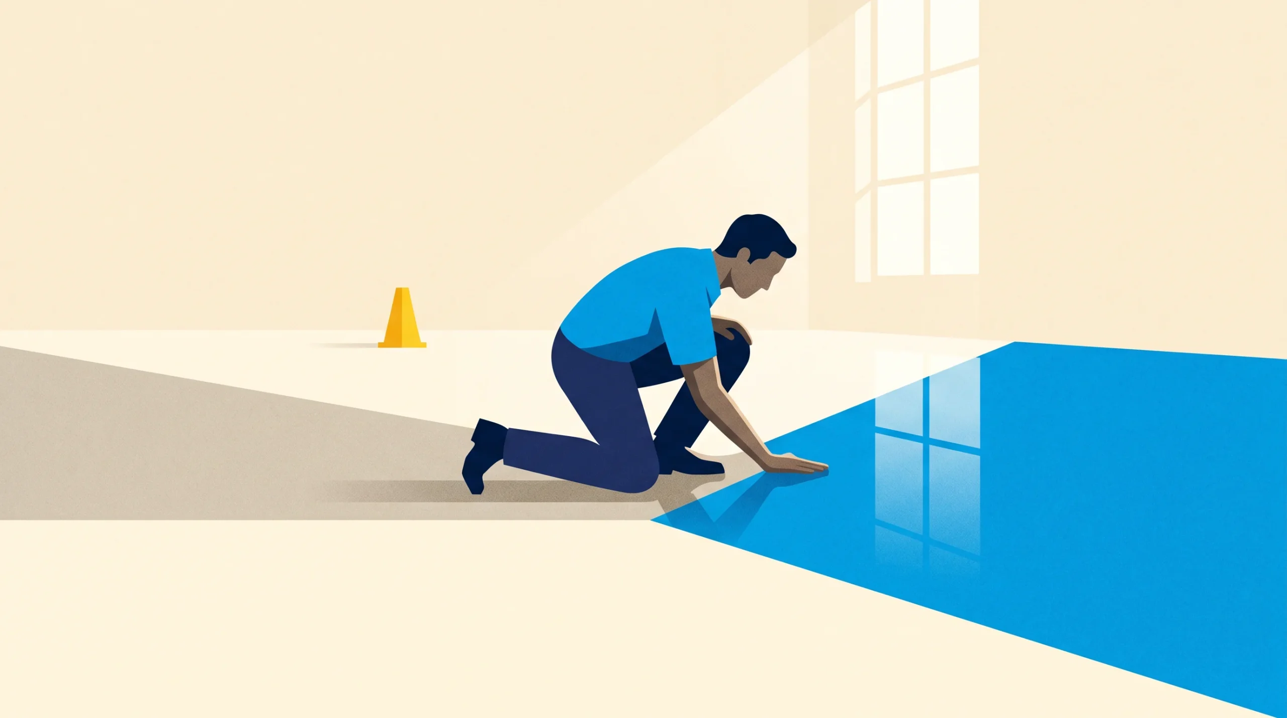 An illustration of a man kneeling and touching a blue surface resembling water inside a room with a large window; a yellow caution cone is in the background.