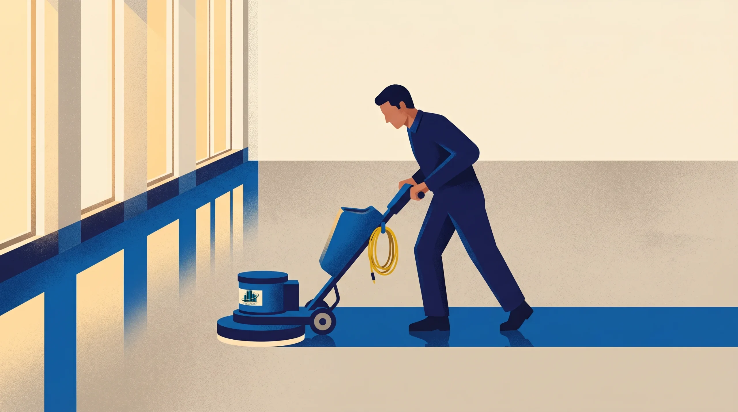 A person in dark clothing operates a floor cleaning machine, polishing a section of the floor near large windows in a bright, indoor space.