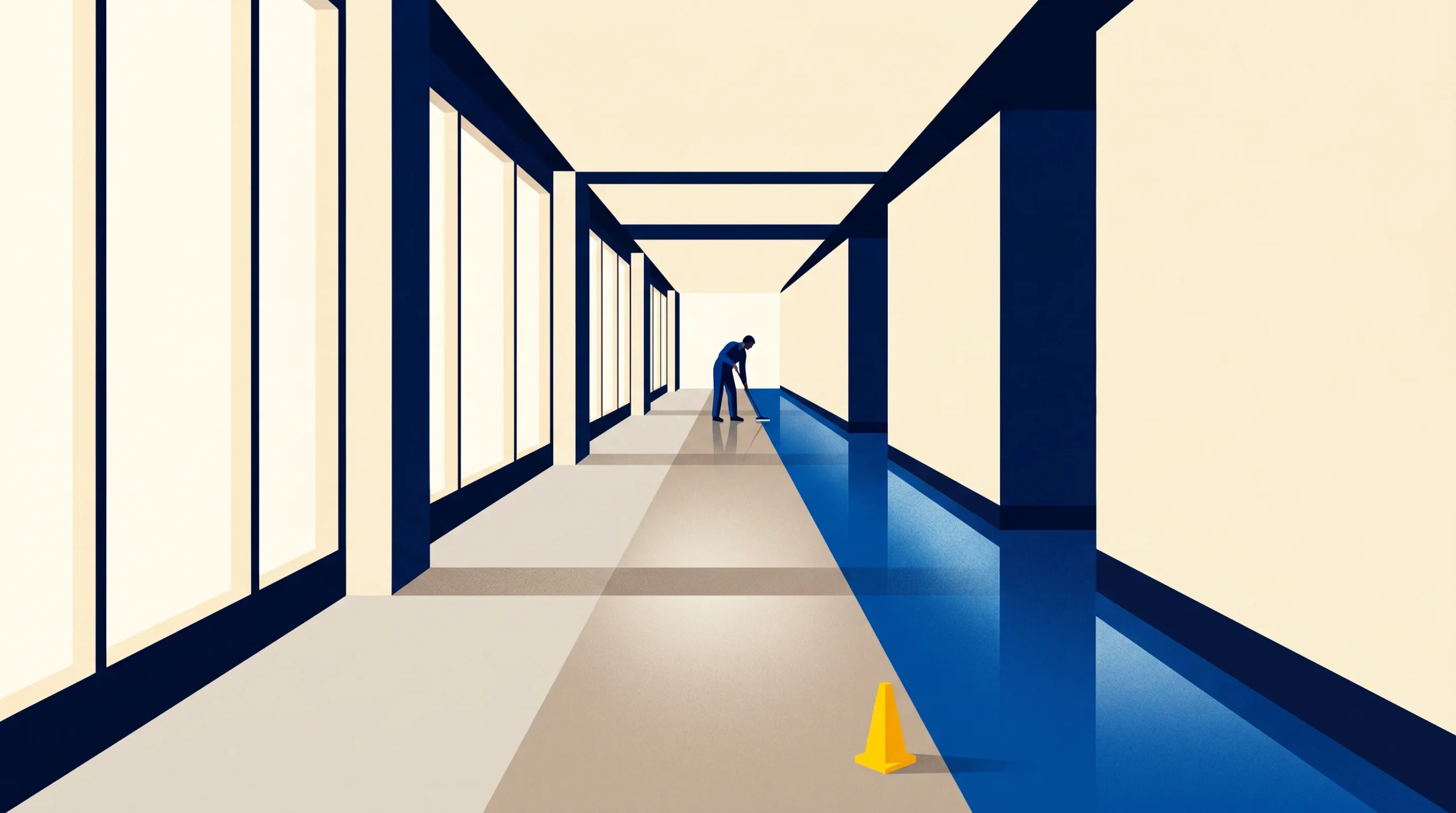A person mops the floor in a long, bright hallway with large windows. A yellow caution cone is placed on the walkway, and there is a blue section indicating a wet area.