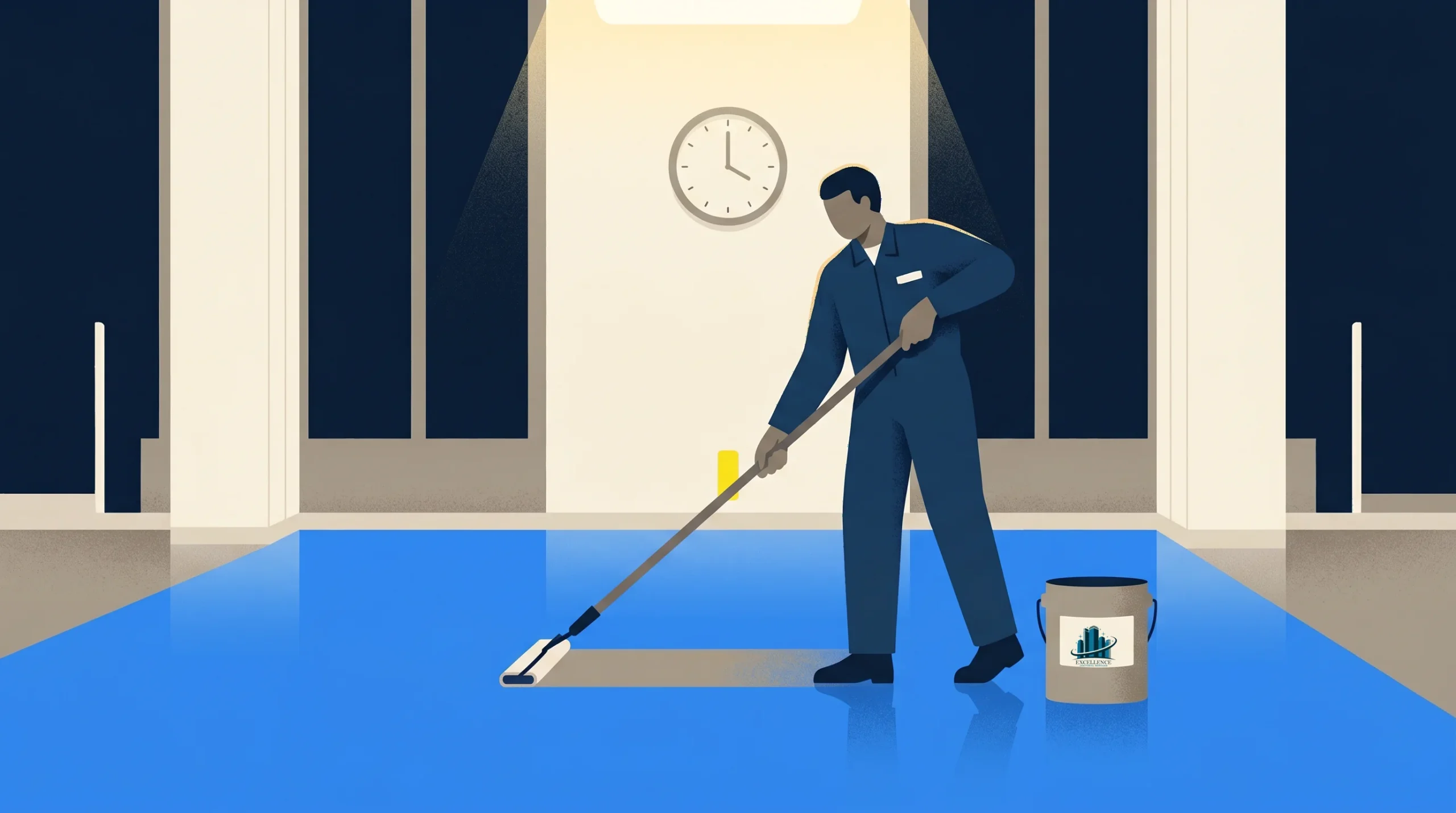 A person in a blue uniform mops the shiny floor of a building lobby at night, with a bucket beside them and a large clock on the wall showing the time.