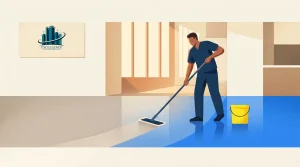 A person in blue uniform mops the floor near a yellow bucket in a bright, clean room with a sign on the wall that reads "Excellence" and features a building logo.