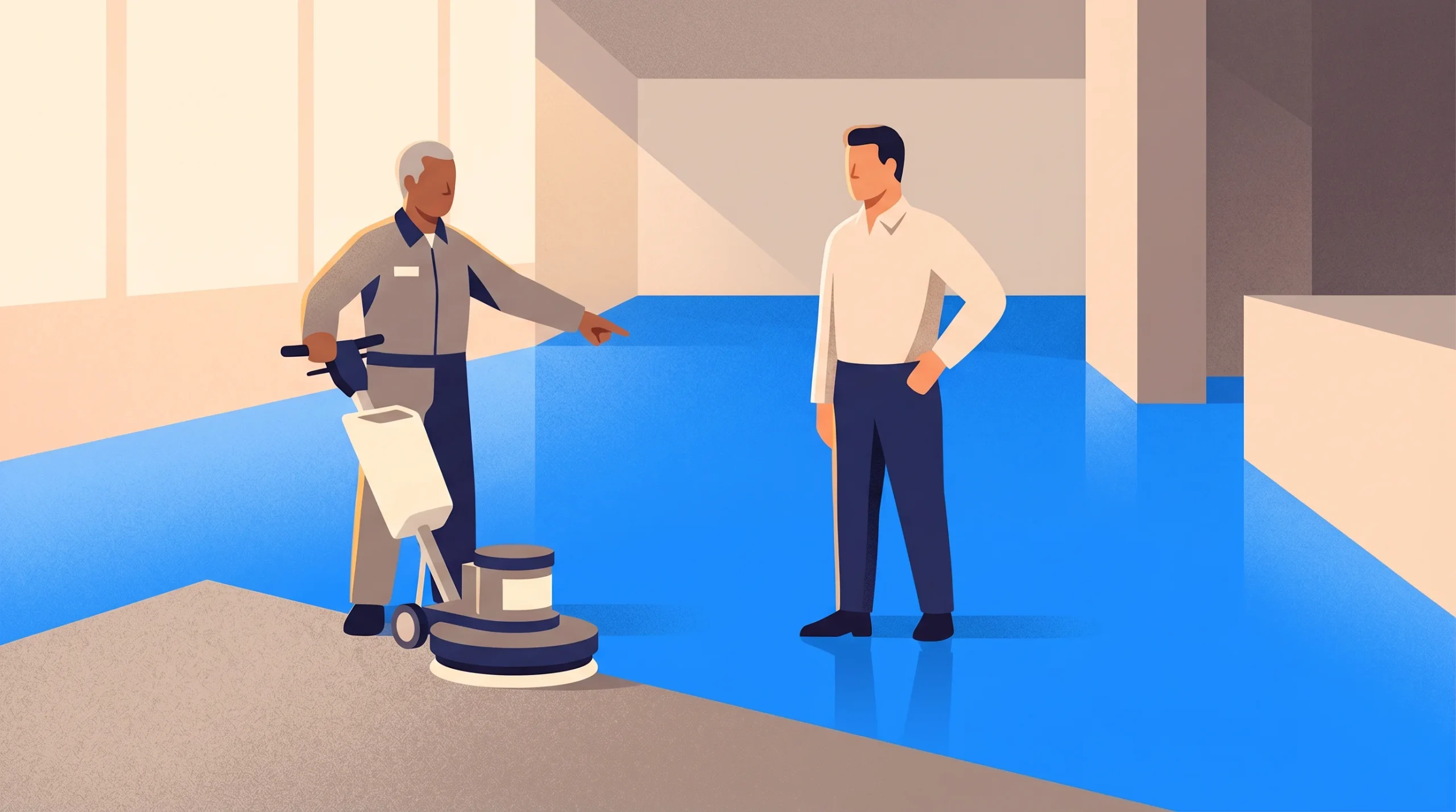 An older man in a work uniform operates a floor cleaning machine and gestures toward a man in a white shirt and dark pants who stands nearby on a shiny blue floor in a modern building.
