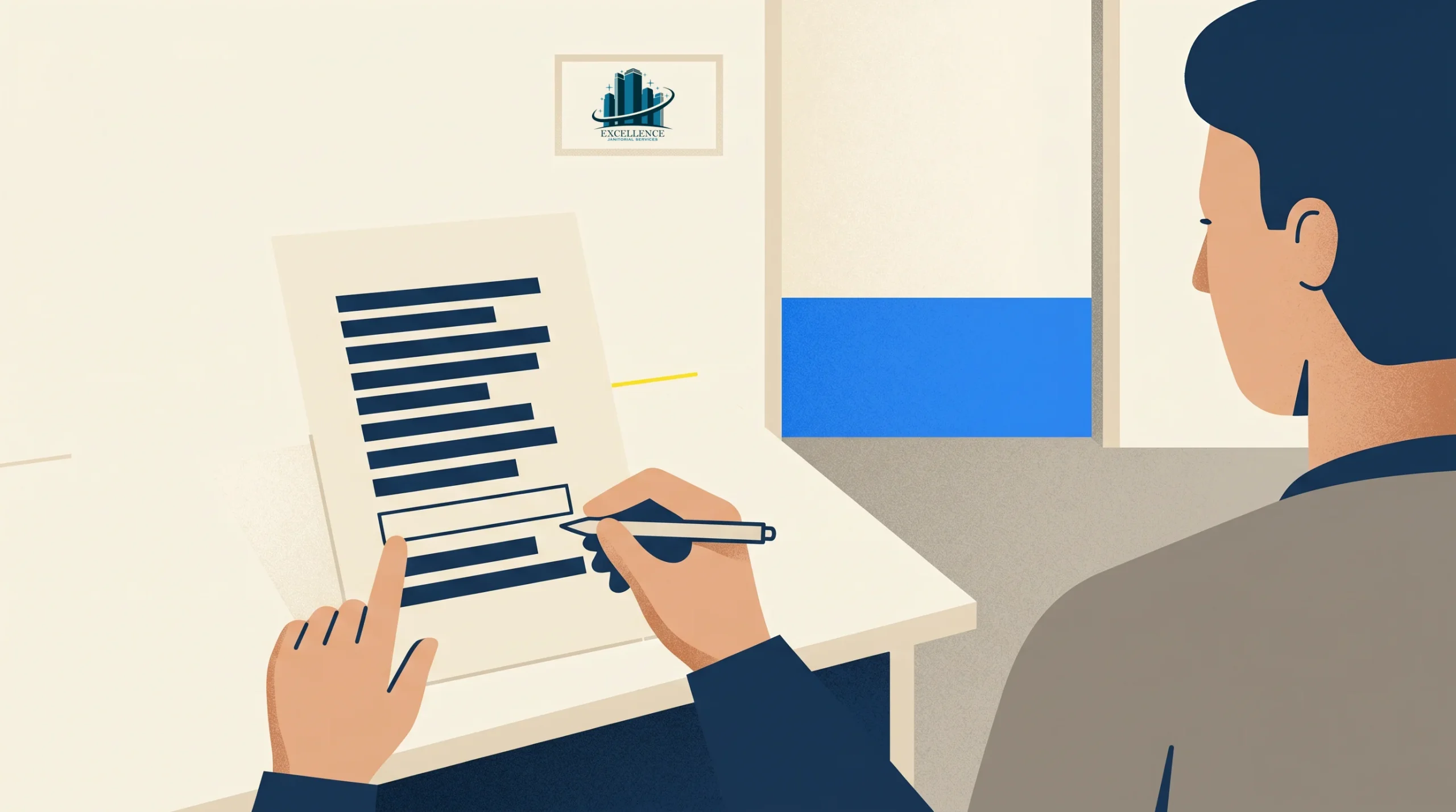 A person sitting at a desk reviews a document with several redacted lines, using a pen to make marks. A logo with a building illustration is displayed on the wall in the background.