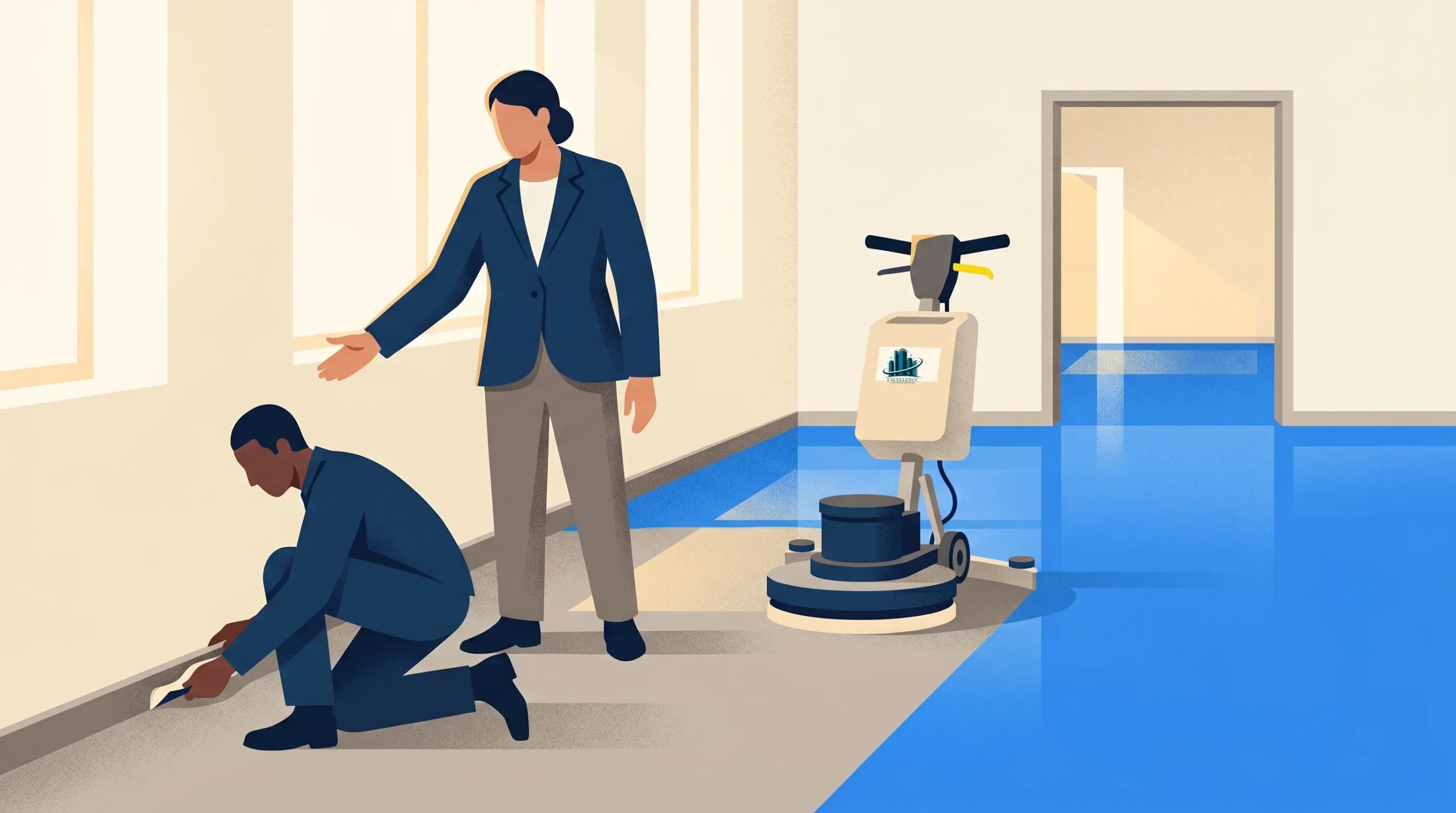 Two people in business attire are cleaning a hallway; one is kneeling and scrubbing the floor, while the other stands and gestures. A floor cleaning machine is nearby, and the hallway floor is partially cleaned.