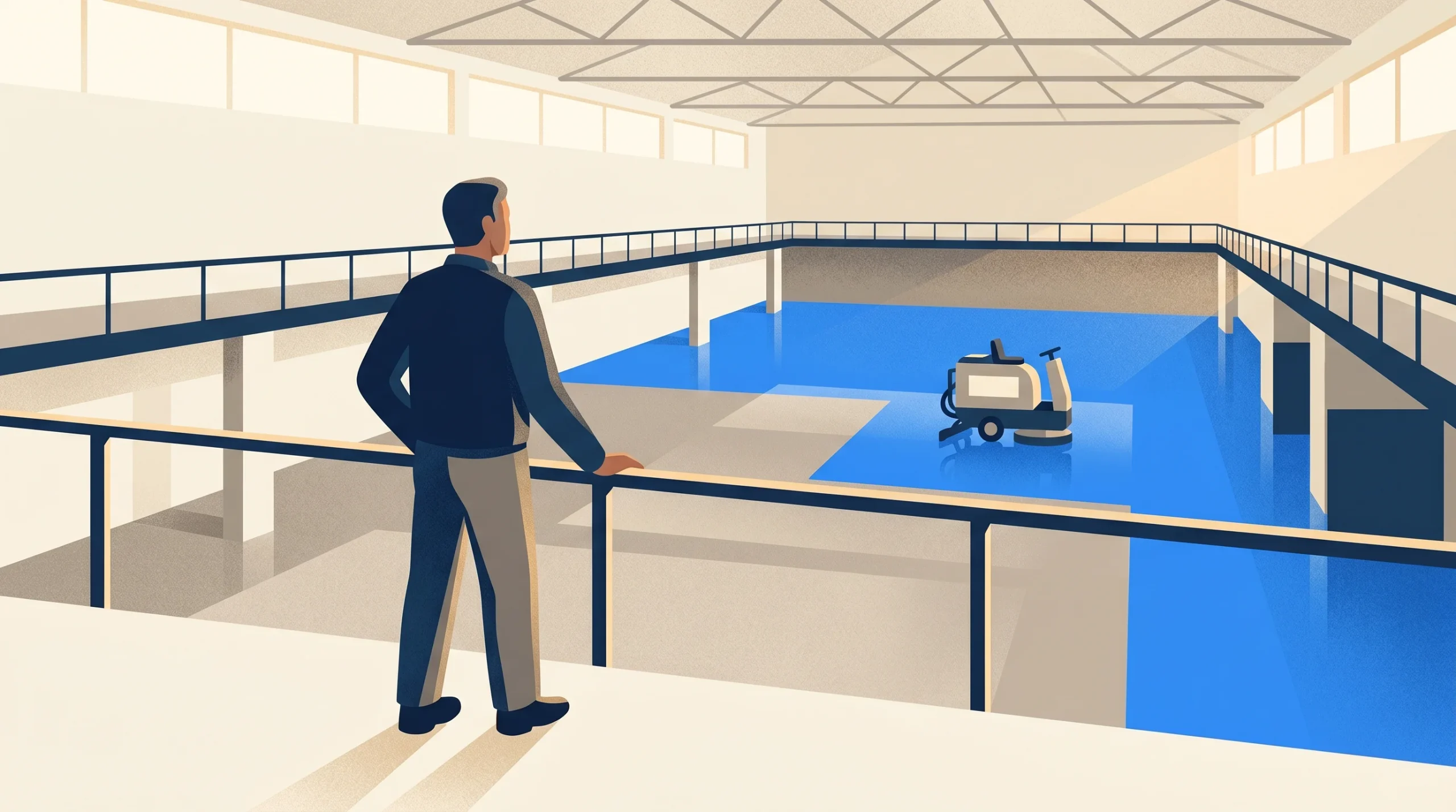 A man stands on an indoor balcony overlooking a large, clean, well-lit industrial space where a floor cleaning machine is operating on a blue-tiled area below.