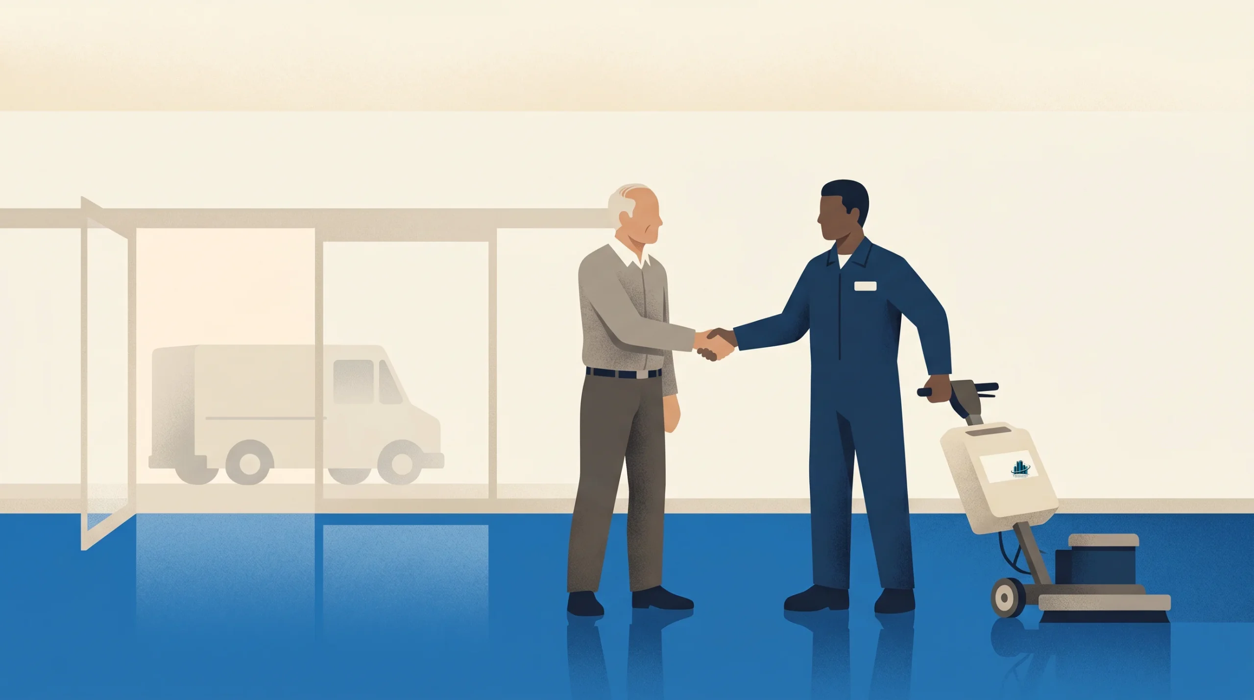An older man and a worker in a blue uniform shake hands in a lobby with blue flooring; the worker stands next to a floor cleaning machine, and a van is visible through glass doors in the background.