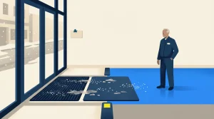 A person stands indoors on a blue floor near large windows. Two black mats with wet spots and scattered debris are placed by the entrance, and snow is visible outside.