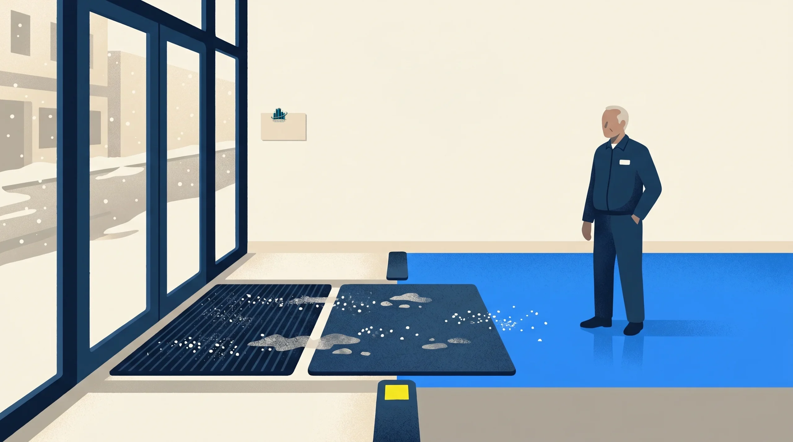 A person stands indoors on a blue floor near large windows. Two black mats with wet spots and scattered debris are placed by the entrance, and snow is visible outside.