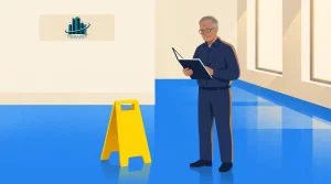 An older man stands on a blue floor reading from a clipboard. A yellow caution sign sits nearby. The wall behind him has a sign with a building logo and the word "EXCELLENCE." Sunlight streams through tall windows.