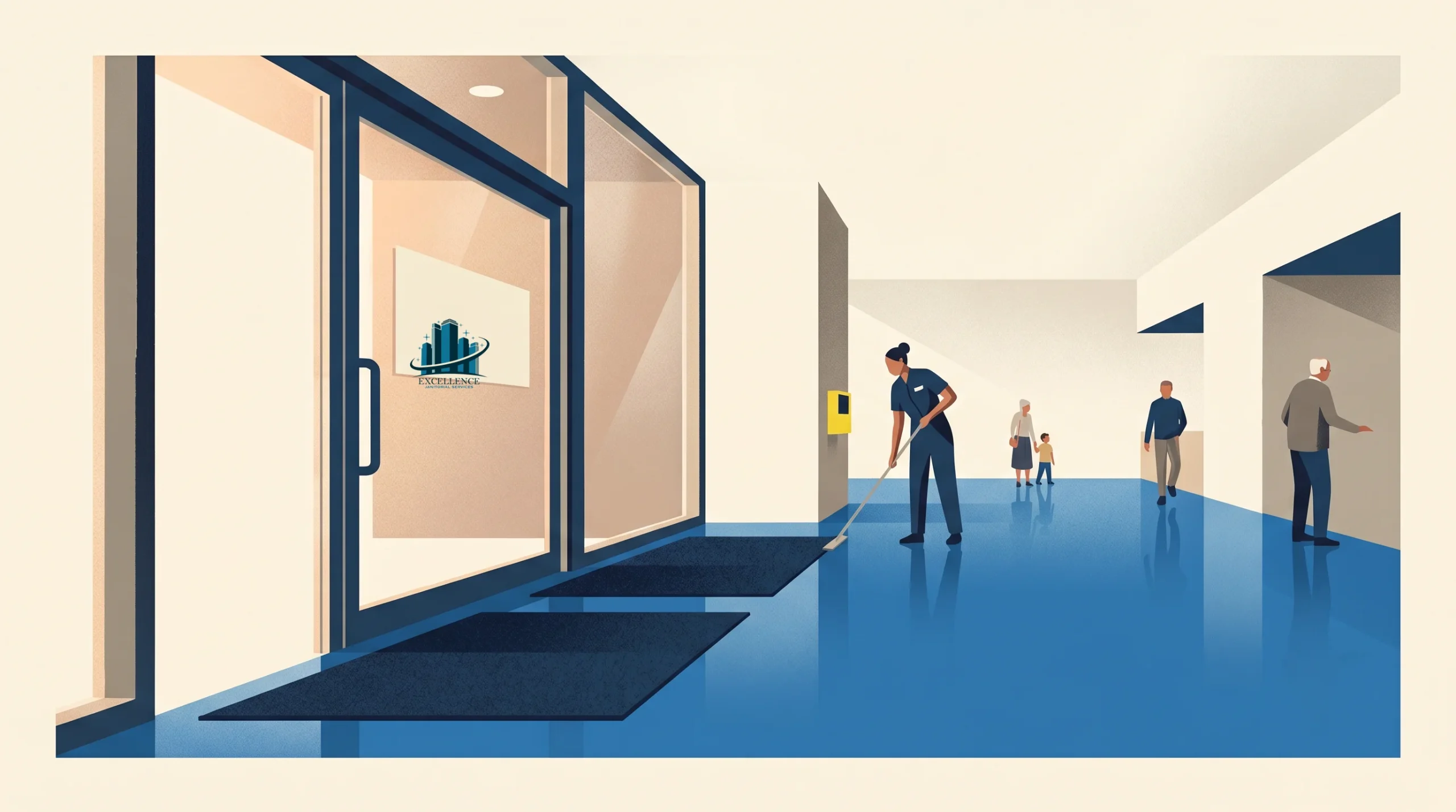 A janitor mops the blue floor near glass doors in a modern building lobby. Two dark mats are at the entrance. In the background, a group of people walk through the hallway.