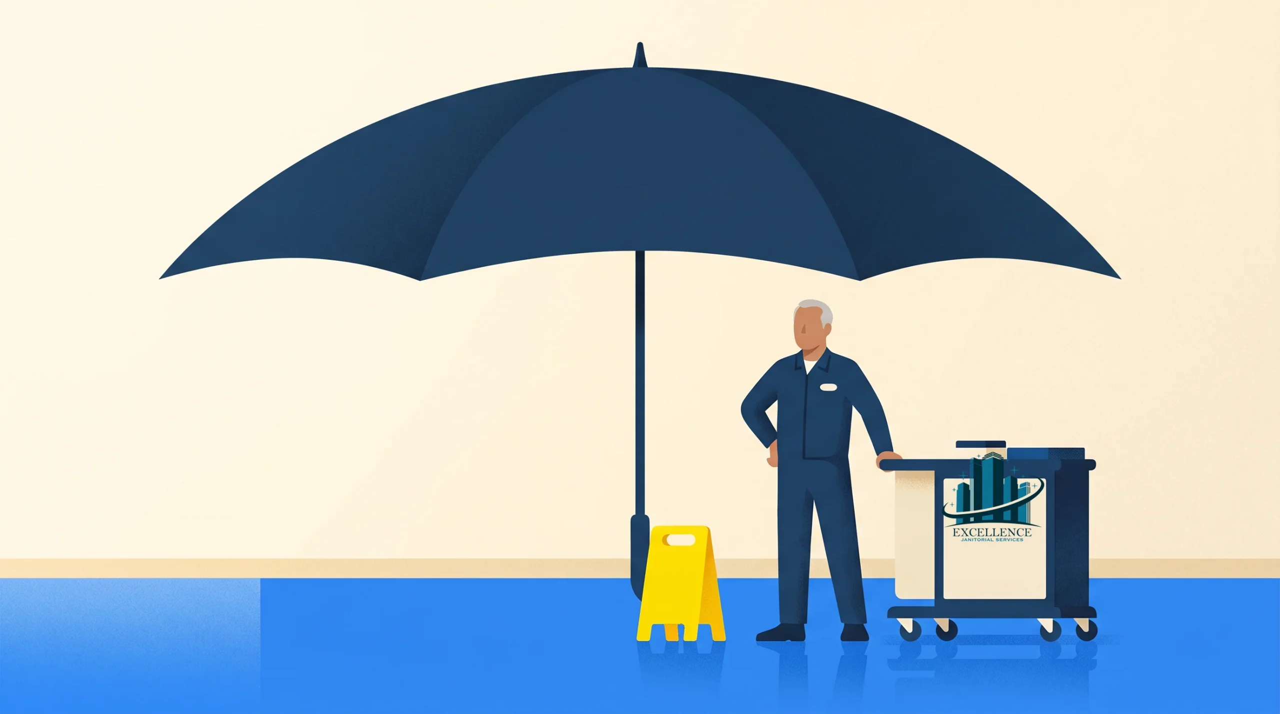 A janitor stands next to a cleaning cart and a yellow caution sign under a large open umbrella, on a blue floor with a plain light-colored background.