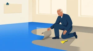 An older man in a blue jumpsuit kneels on the floor, pulling back a sheet of flooring with a scraper tool lying beside him in a bright, unfurnished room with large windows.