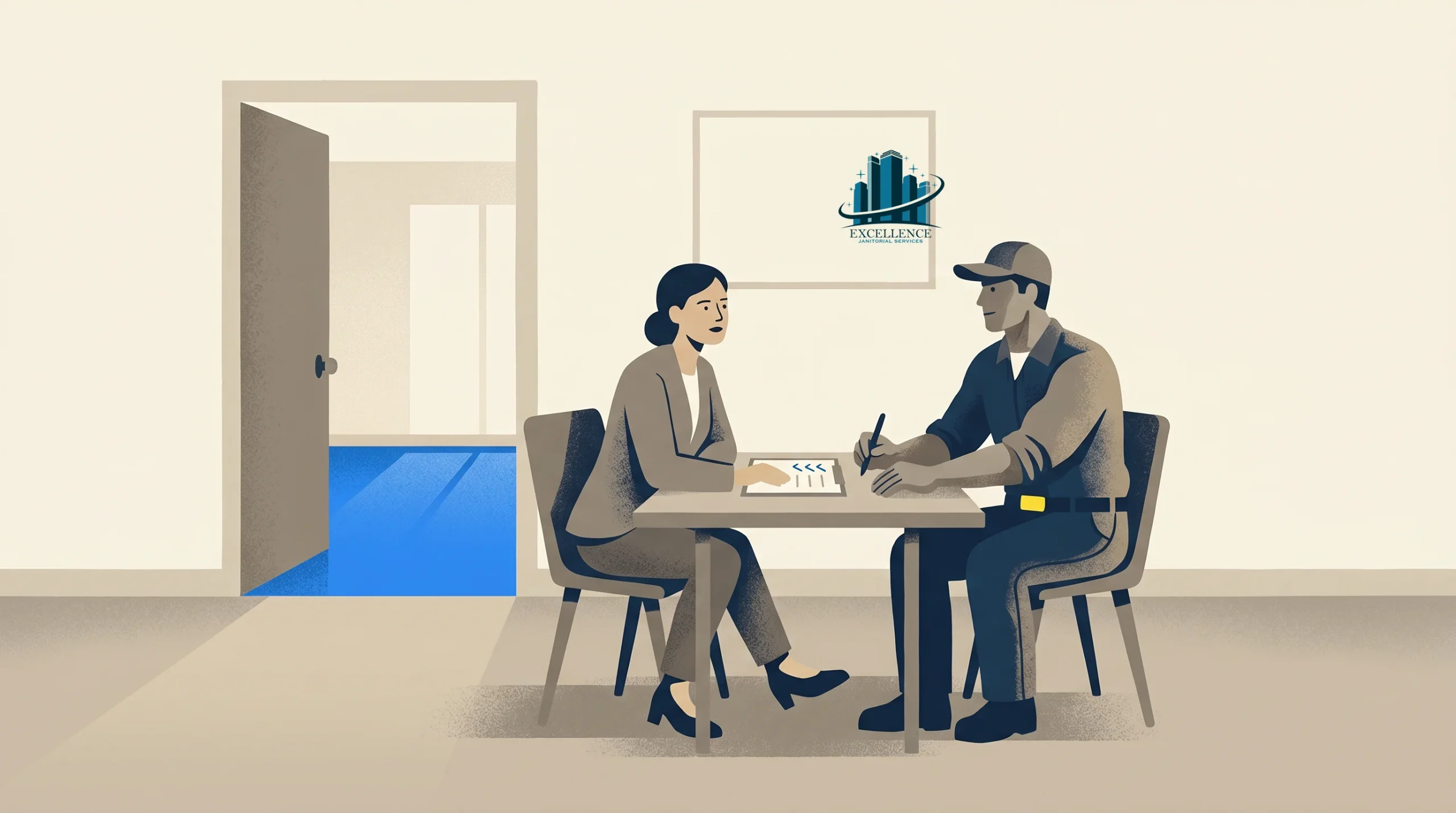 A woman in business attire and a man in a work uniform sit across from each other at a table, discussing documents. The office door is open, revealing a blue floor in the next room. A framed logo hangs on the wall.